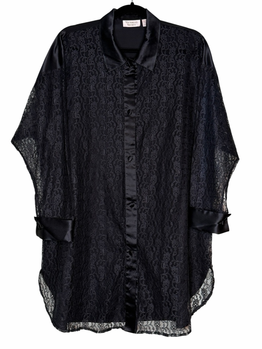 Vintage Victoria's Secret Black Lace Front Blouse with Satin Back Panel & Cuffs